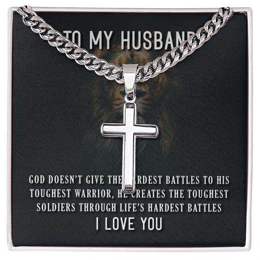 To My Husband - Cuban Link Chain with Engraved Artisan Cross